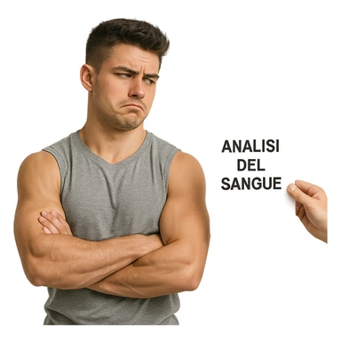 realistic young bodybuilder with a skeptical look, crossing arms and ignoring a paper with the text 'Analisi del sangue', atmosphere of refusal, Italian text, white background, 4K quality sticker