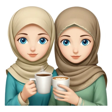 Turkish beautiful finish Konya two girls blue eyes with beige and light green hijab islamic dress and had on her hand hot coffee   sticker