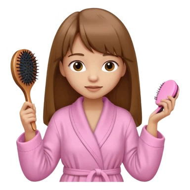 a girl with light skin and medium brown long hair with bangs who is brushing her hair with a hairbrush and she is wearing a light pink bathrobe sticker