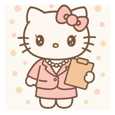 elegant businesswoman cat character in the Hello Kitty universe, pastel pink tailored suit, pearl necklace, holding a clipboard, soft cute features, kawaii style sticker