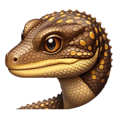 Cinematic Cute brown camo spotted monitor Lizard Portrait Emoji, Head tilted playfully and inquisitively, with a sleek, patterned body accented by vibrant hues and round, sparkling eyes full of wonder, Simplified yet irresistibly adorable features, highly detailed, glowing with a warm, friendly glow, high shine, affectionate and lively, stylized with a touch of exotic charm, bright and endearing, soft glowing outline, capturing the essence of a mischievous yet captivating lizard that seems as if it could scuttle out of the screen into your arms! sticker