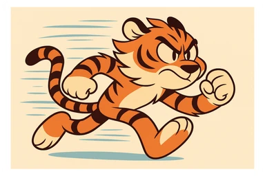 a tiger character dashing forward, with wind-swept fur and a determined face, inspired by Sonic the Hedgehog's iconic running pose, vibrant and bold colors, cartoon style sticker
