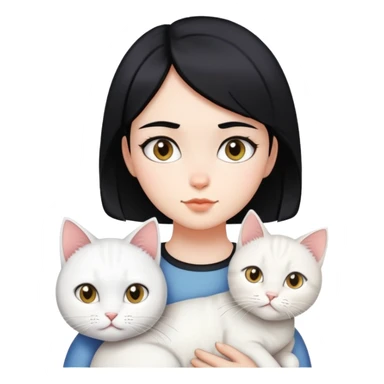 A girl with short black hair parted in the middle, fair skin, is accompanied by a white cat. sticker