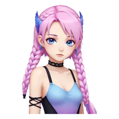 Gorgeous beautiful pretty grumpy anime lady long-pale-whitish-pastel-pink-hair with one braid on each side, hanging gradient-purple-pink feather-ear-cuffs on each side in hair, black bodysuit, blue eyes, pink iris, ethereal, fashion aesthetic  sticker