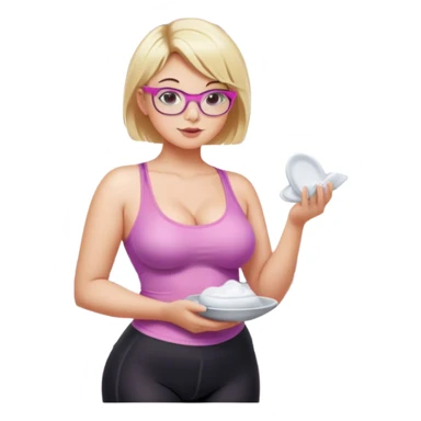 Seductive, Curvy fair skinned woman, short blond hair, small light purple reading glasses, washing dishes, SFW sheer pink tank top, without undergarments SFW, black yoga pants, thick booty sticker