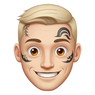 white man with bold face tattoo, happy face, wearing a white t-shirt sticker