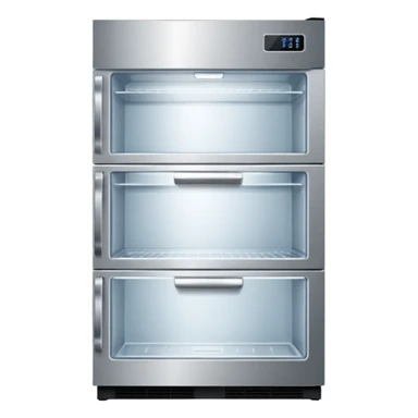 A refrigerator with a transparent front glass divided into three compartments, empty and unfilled. The refrigerator faces forward. It must be divided into three compartments and must have three drawers. sticker