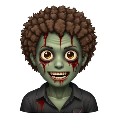 zombie with brown skin, short messy afro hair, wide centered brown eyes, dark bloody marks under the eyes, and a smile showing shiny metal teeth,black shirt, giving a distressed, undead look. sticker