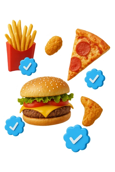 fast food realistico fluttua in aria insieme a spunte di verificato in 3d sticker