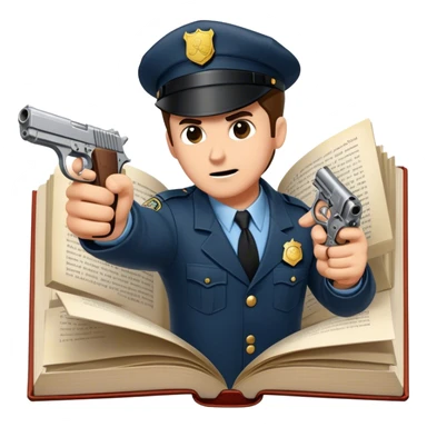 Icon for Action & Crime Reading: an open book with action-packed scenes, featuring a gun, handcuffs, a detective's badge. The icon should capture the tension and excitement of crime and action stories. Transparent background. sticker