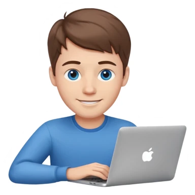 blue-eyed European man typing on a MacBook, friendly look emoji sticker