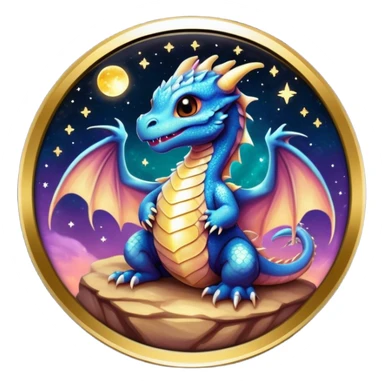 A round bezeled button with an Airbrush painted image of a dragon hatchling under a deep galactic sky with pearlescent scales and wings spread against the stars sticker
