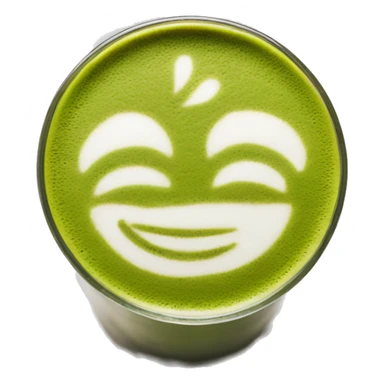 matcha latte in a clear glass with latte art sticker