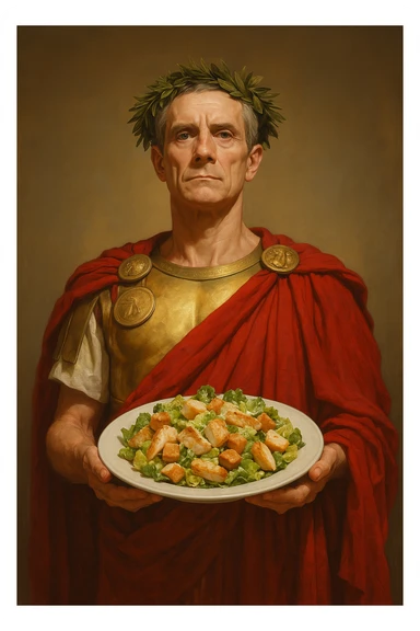 Сгенерируй мне этого цезаря, который стоит с тарелкой а на ней салат цезарь sticker