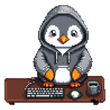 A cute penguin wearing a cozy hoodie typing on a computer keyboard sticker