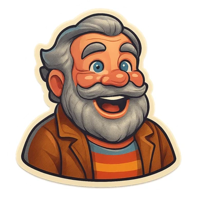A dwarf with gray hair, a gray mustache, a gray beard, and gray eyebrows. He has blue eyes and wrinkles on his forehead. He is wearing a striped t-shirt and a brown jacket. The dwarf is displaying a joy emotion. sticker