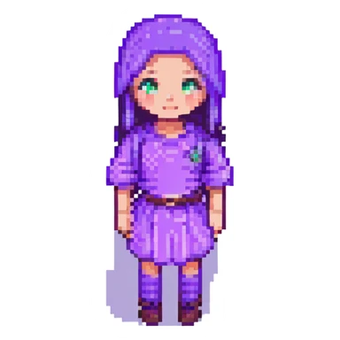 Change the girl's clothes to purple, keep the pixel art style, with no background. sticker