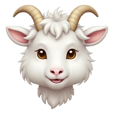 Cinematic Cute White Goat Portrait Emoji, Head tilted playfully and inquisitively, featuring a fluffy, immaculate white fur with charming curved horns, round, sparkling eyes filled with gentle curiosity, Simplified yet irresistibly adorable features, highly detailed, glowing with a warm, friendly glow, high shine, affectionate and lively, stylized with a touch of whimsical charm, bright and endearing, soft glowing outline, capturing the essence of a mischievous yet loving goat, so playful it feels like it could trot out of the screen and into your arms! sticker