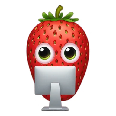 a strawberry with the body of a man with eyes a mouth a nose and everything else the strawberry is in front of a computer with a mask that hides his eyes so that we don't recognize his face sticker