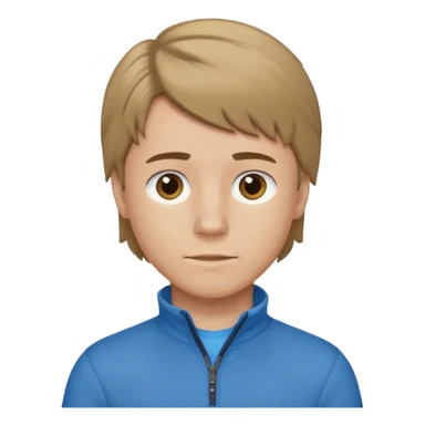 boy with dark blonde hair in a mullet with a neat blue undershirt and brown quarter zip sticker