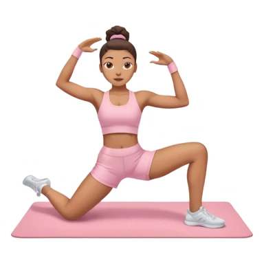 Mixed-race athletic woman with caramel skin, slim thick figure, wearing pastel pink workout shorts and white sneakers, stretching on a yoga mat sticker