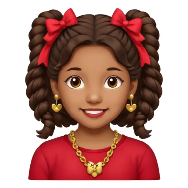 Brownskin girl dark brown hair fluffy. pigtails with red bows brown eyes smiling closed mouth red shirt gold esrrings gold necklace sticker