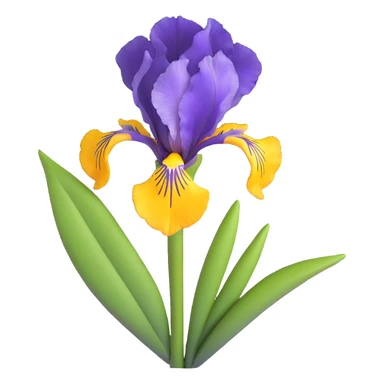 Detailed iris flower with rich purple color, classic iris structure with three hanging falls and three upright standards, green stem and leaves sticker