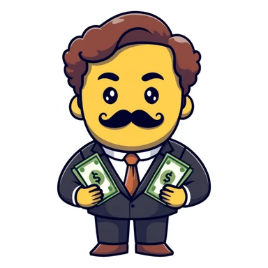 Finance broker with enormous curly mustache, business suit, dollar sign eyes, holding money sticker