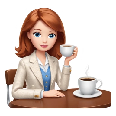 A Barbie girl with blue eyes, shoulder-length reddish-brown hair, made-up, wearing a white tweed jacket and a white skirt, is sitting at a table with a cup of coffee in her hands sticker