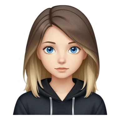 girl with blue eyes, shoulder-length hair with balayage highlights, wearing a black hoodie sticker