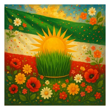 Kurdistan flag with Nowruz effect, featuring green, white, red colors and a yellow sun in the center of the flag, decorated with Nowruz elements like flowers, green grass, and festive atmosphere, vibrant and celebratory, detailed and colorful sticker