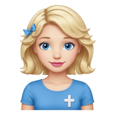 Girl Blonde short wavy hair,  blue eyes, cute blue top, long lashes, pink lips, smiling, cross arms  sticker