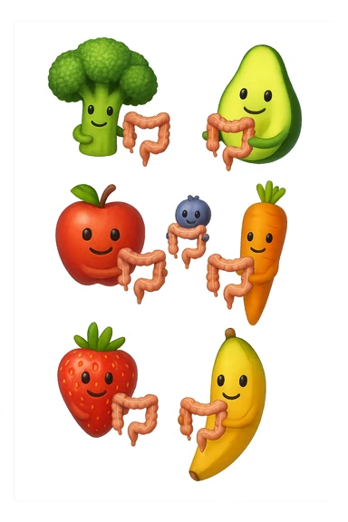 cibo sano fluttua in aria verticalmente stringendo piccoli colon umani, stile emoji iphone, iperrealistico 4k sticker