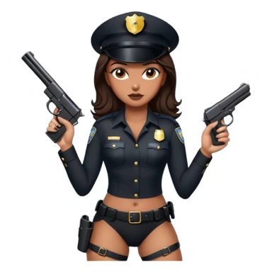 A sexy girl. with caramel skin. Dark brown hair and brown eyes. She has freckles. Wearing sexy makeup. Dressed as a sexy cop. wearing lingerie. Wearing heels. Holding a gun sticker