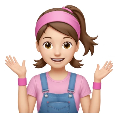 white woman with brown hair  tied together with one elastic pony tail. wearing a light pink thin width headband, Has a pink t-shirt with denim overalls. enthusiastic expression with big smile sticker