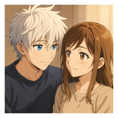 anime style, a boy with tousled white hair and striking blue eyes gazing affectionately at a girl with brunette-blonde hair and warm brown eyes sticker