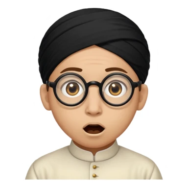 A person with light skin tone, wearing a traditional white ghutra with a black agal, large brown eyes, round glasses, and an open mouth showing a surprised or shocked expression. sticker