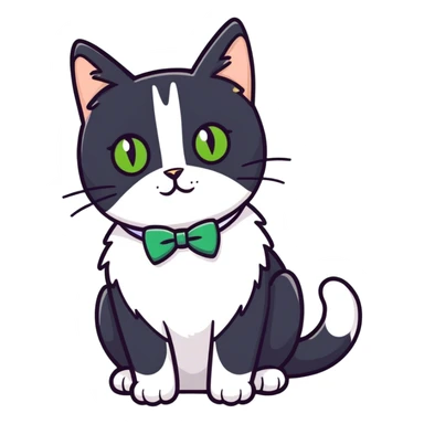 Female Tuxedo domestic short hair, more white than black similar to a cow, green/gold eyes, no bowtie sticker