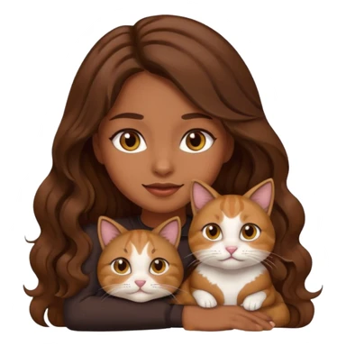 a girl with long wavy brown hair and brown eyes sitting with a cat, emoji style sticker