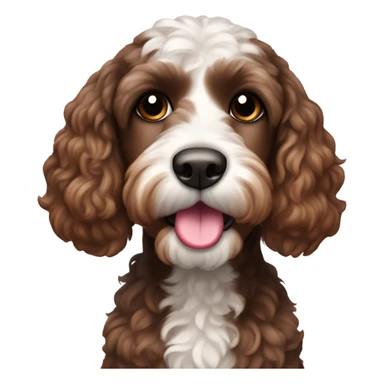 Cockapoo with dark brown and white face and pink nose sticker