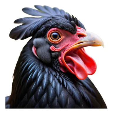 Cinematic Cute Yawning Black Chicken Portrait Emoji, Head tilted slightly with a dramatic, wide-open yawn, showcasing a soft, glossy black plumage with subtle hints of iridescence and a distinctive red comb, floppy wings slightly drooping, round beady eyes barely open in drowsy contentment, Simplified yet irresistibly adorable features, highly detailed, glowing with a soft, cozy glow, high shine, relaxed yet expressive, stylized with a touch of whimsy, bright and endearing, soft glowing outline, capturing the essence of a sleepy yet affectionate chicken, so drowsy it feels like it could stretch out of the screen and curl up for a nap! sticker