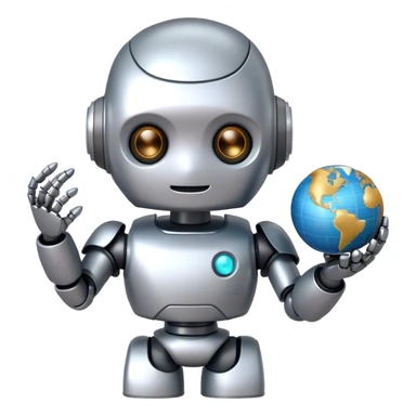 A cute robot holds a globe sticker
