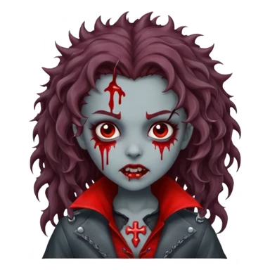 Vampire zombie girl with blood. Long brown curly hair Gray skin and spiky sticker