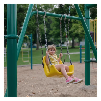 realistic playground swing-set, green frame, one yellow seat, subtle shadows sticker
