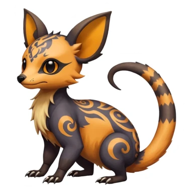 Rare warm-colored exotic cute epic aesthetic gothic colorful Salandit-Eevee-Civet-species-Fakemon-hybrid-creature, with intricate tattoo markings, full body sticker