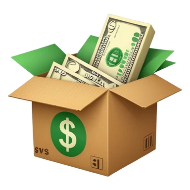 a shipping box with a single green cash bill with a dollar sign on it in front of it sticker