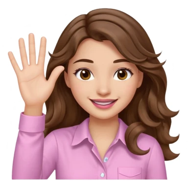 girl with wavy long brown hair, brown eyes, light to medium complexion, long lashes, light pink lipstick, smiling, wearing light pink shirt, slapping sticker