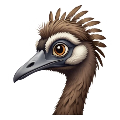 Cinematic Noble Emu Portrait Emoji, Poised and regal, with a tall, slender build and a shaggy, well-groomed fur of earthy brown feathers, a long elegant neck and deep-set soulful eyes, Simplified yet sharp and sophisticated features, highly detailed, glowing with a soft, dignified glow, high shine, intelligent and stately, stylized with an air of outback majesty, focused and attentive, soft glowing outline, capturing the essence of a watchful and confident bird, so majestic it feels as though it could stride out of the screen with effortless authority! sticker