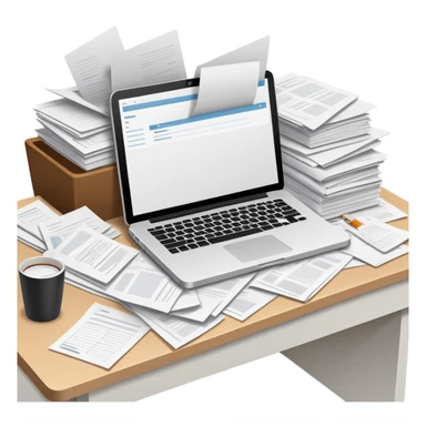 minimalist desk cluttered with papers spilling over, symbolizing overwhelming admin workload sticker