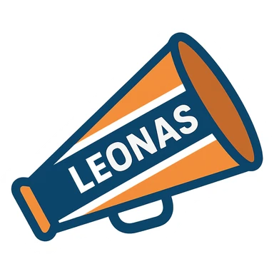 cheerleading megaphone in orange, blue and white colors, with the word 'Leonas', modern and clean style sticker